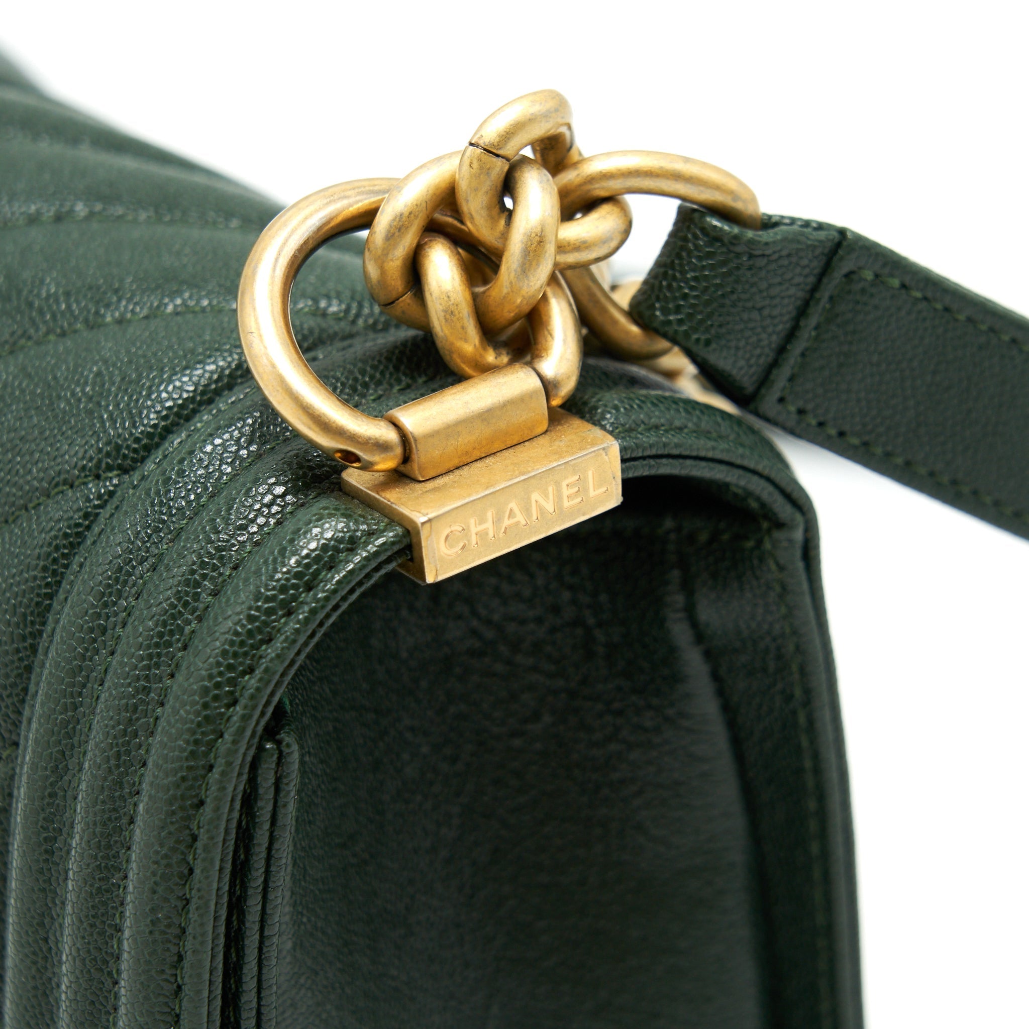 Chanel Chevron Medium Boy Bag Caviar Green Brushed