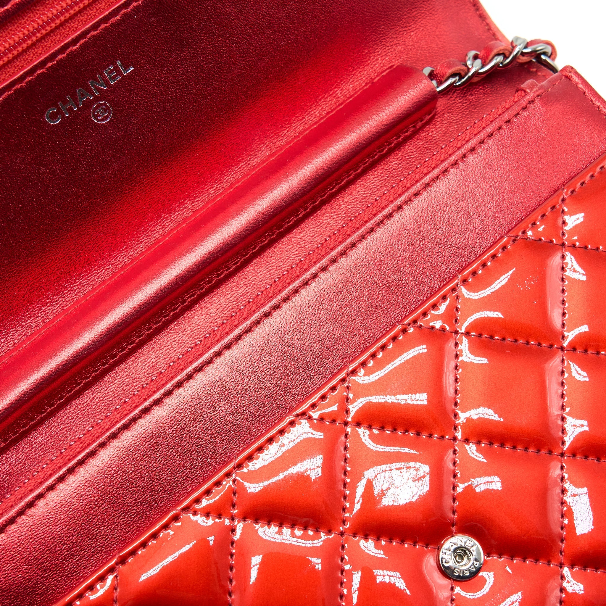 Chanel Boy Wallet On Chain Patent Metallic Red