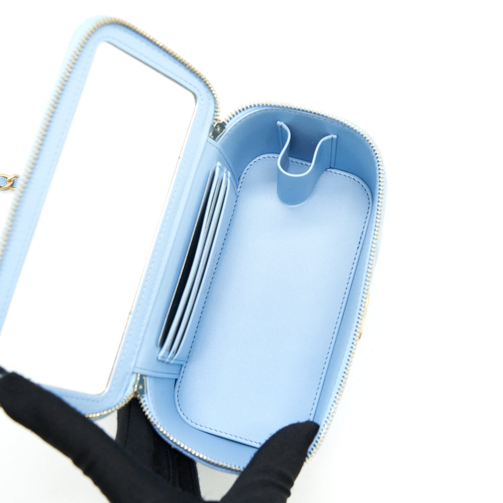 Chanel 22S Long Vanity Case With Letter Handle Caviar Light Blue