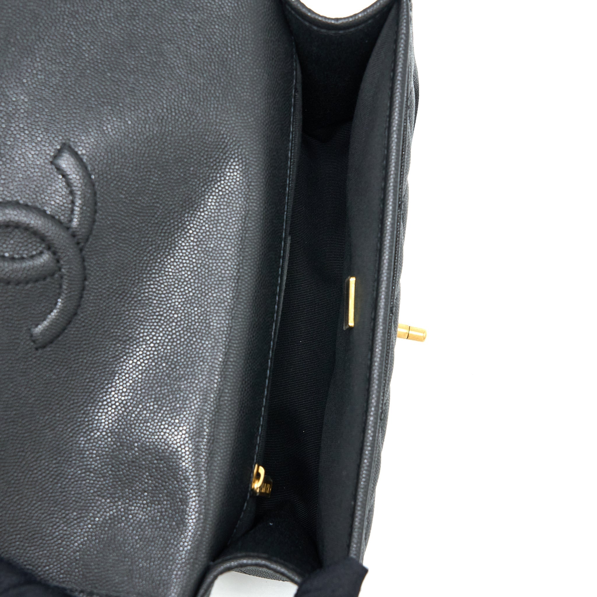 Chanel 22K Top Handle Messenger Bag Caviar Black Brushed  (Microchip)