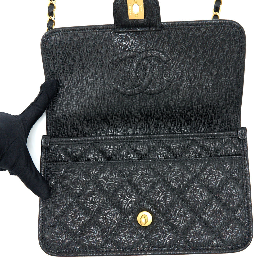 Chanel 22K Top Handle Messenger Bag Caviar Black Brushed  (Microchip)