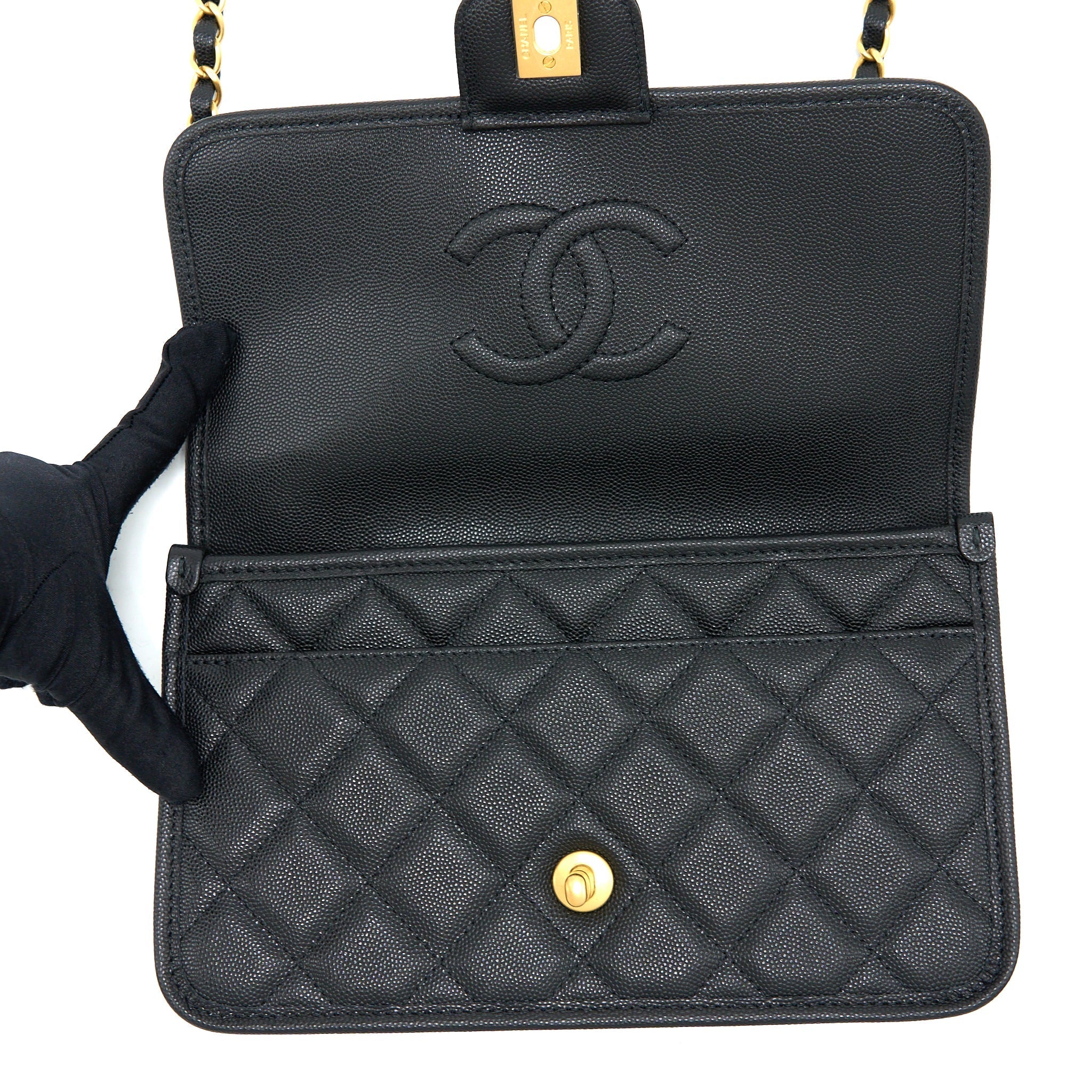 Chanel 22K Top Handle Messenger Bag Caviar Black Brushed  (Microchip)