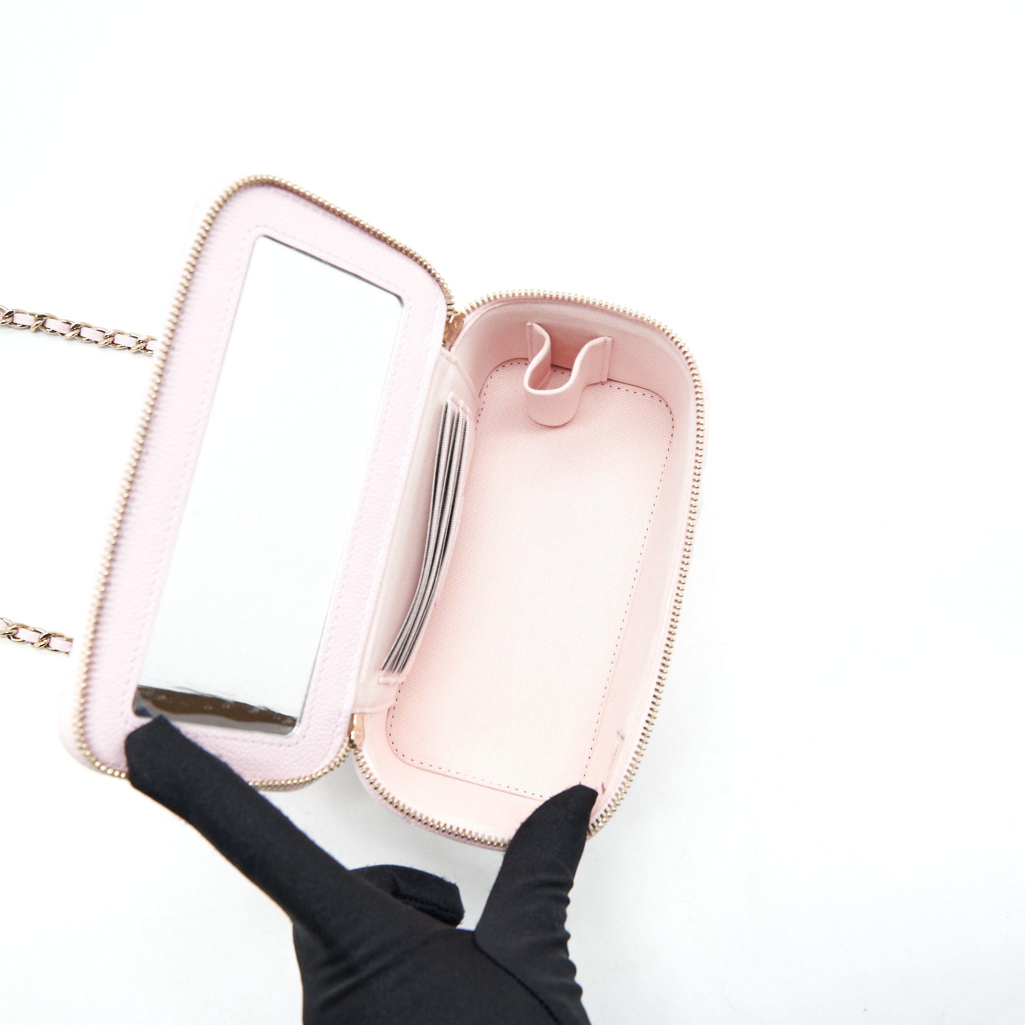 Chanel 22P Long Vanity Case With Logo Chain Caviar Light Pink L
