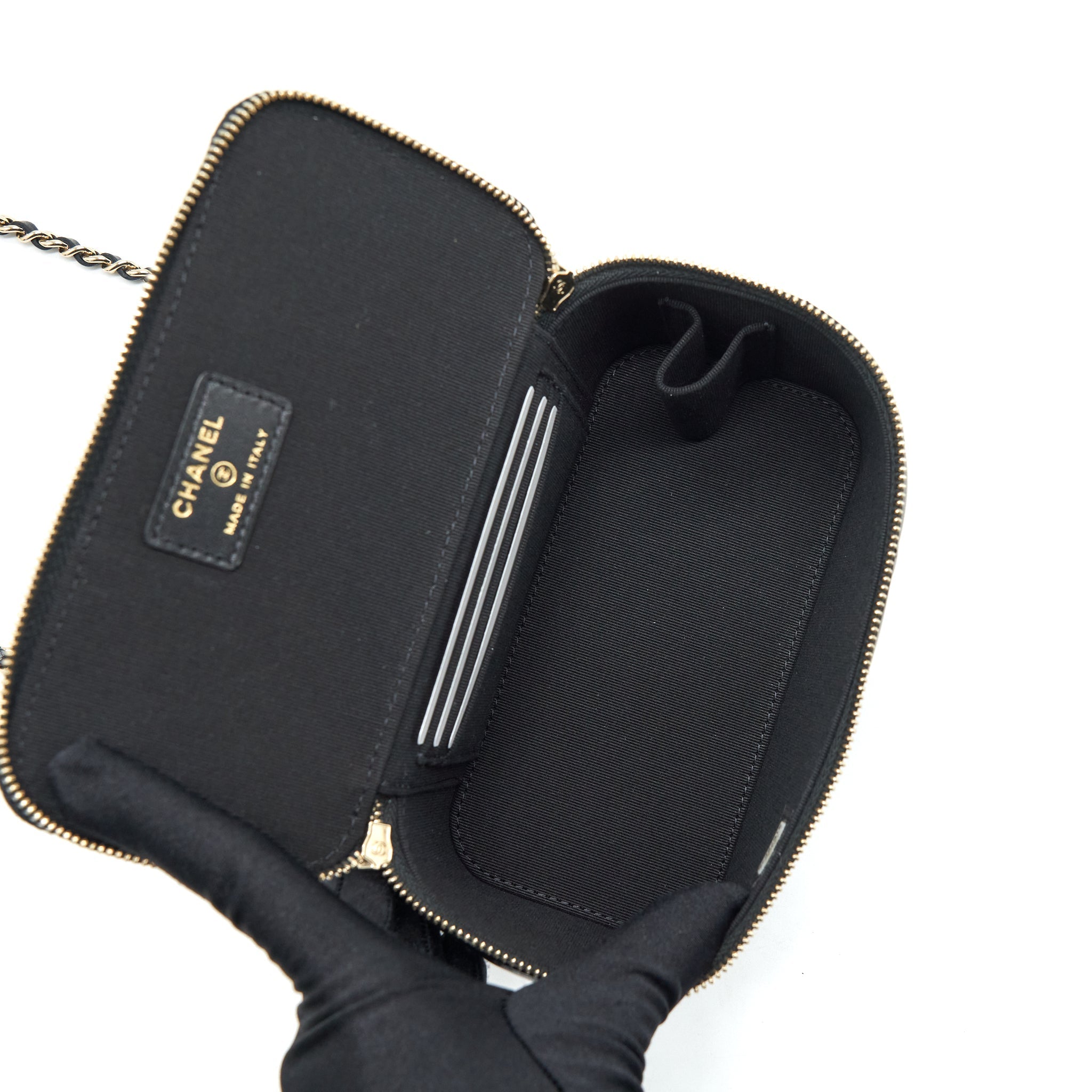 Chanel Top Handle Long Vanity With Chain Lambskin Black L