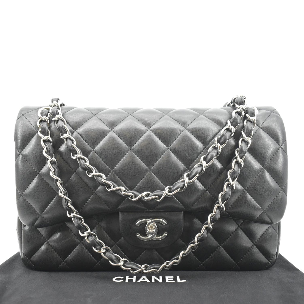 CHANEL Classic Medium Double Flap Quilted Lambskin Leather Shoulder Bag Black