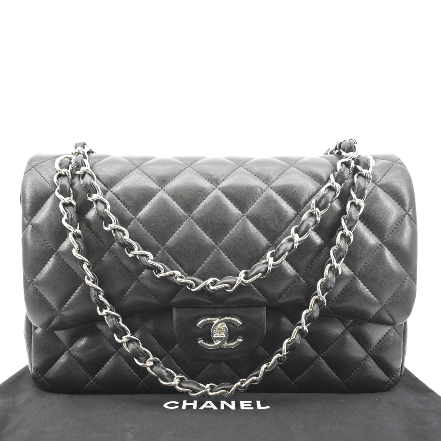 CHANEL Classic Medium Double Flap Quilted Lambskin Leather Shoulder Bag Black