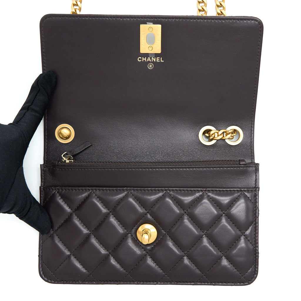 Chanel Gold Pillar Wallet On Chain Lambskin Dark Brown Brushed (Microchip)