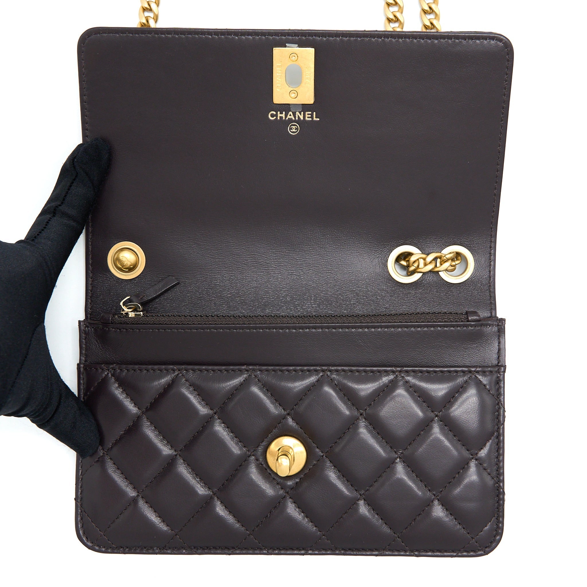 Chanel Gold Pillar Wallet On Chain Lambskin Dark Brown Brushed (Microchip)