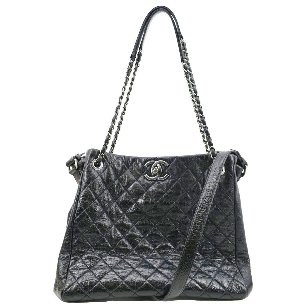 CHANEL Glazed Aged Calfskin Distressed Tote Shoulder Bag Blue