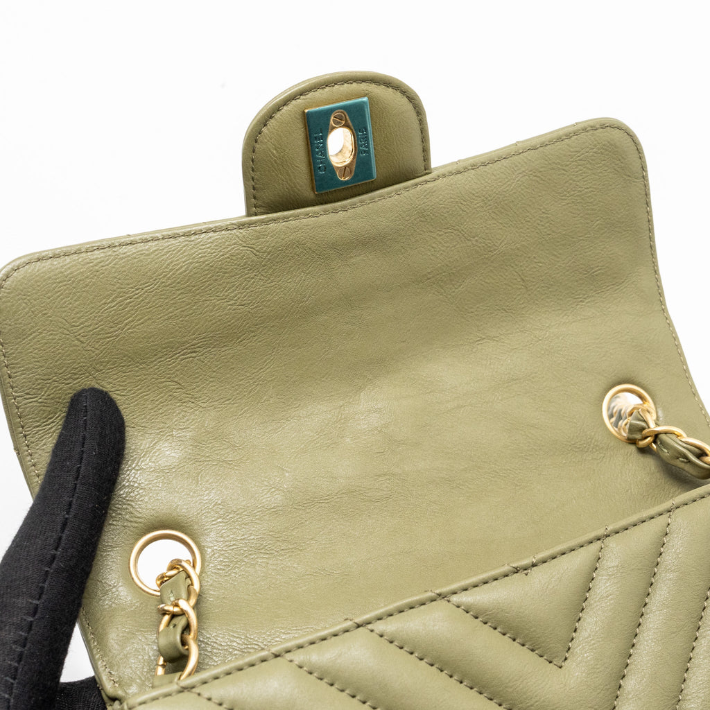 Chanel Chevron Mini Rectangular Flap Bag Calfskin Khaki