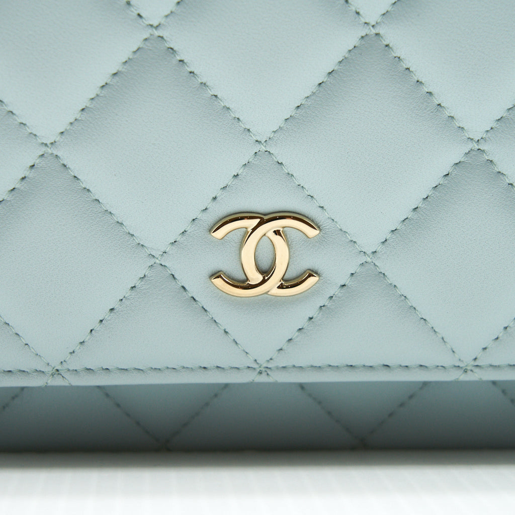 Chanel Ribbon Wallet on chain lambskin light blue L
