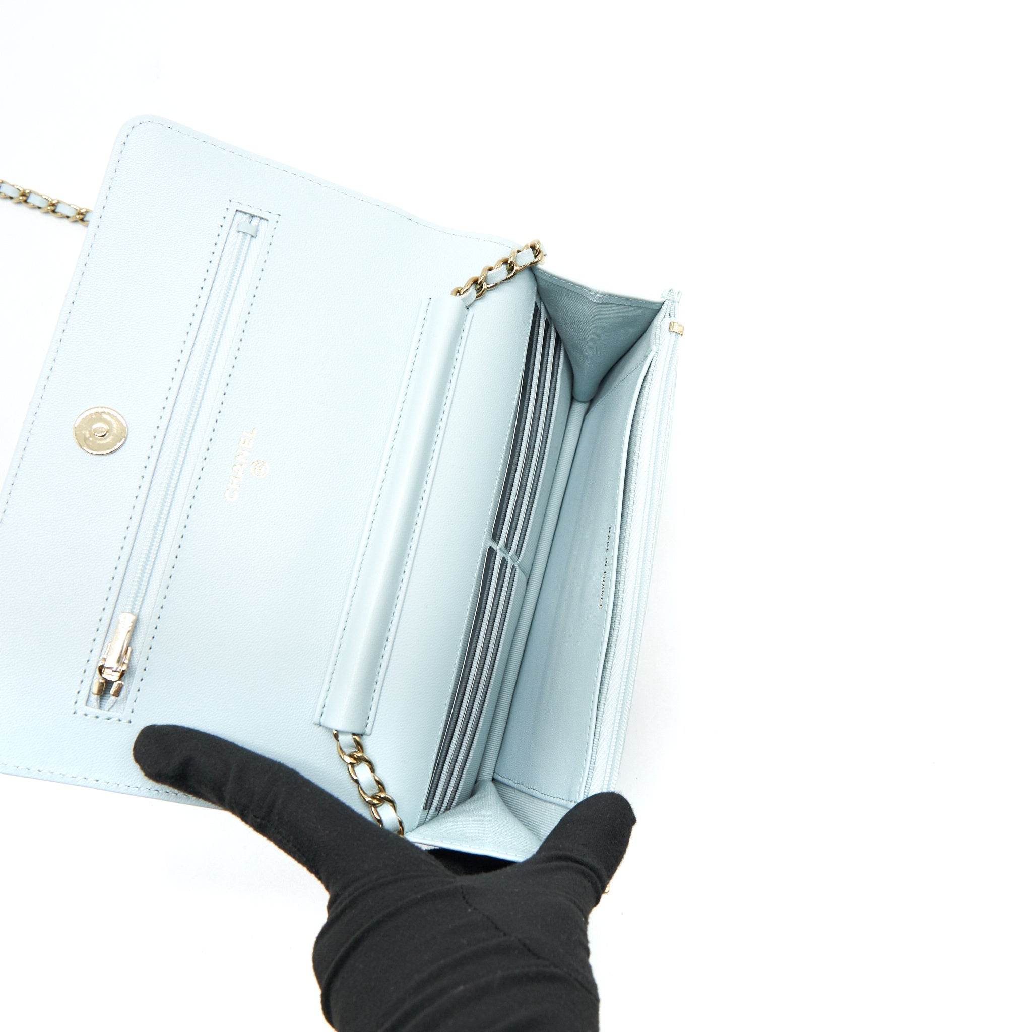 Chanel Ribbon Wallet on chain lambskin light blue L