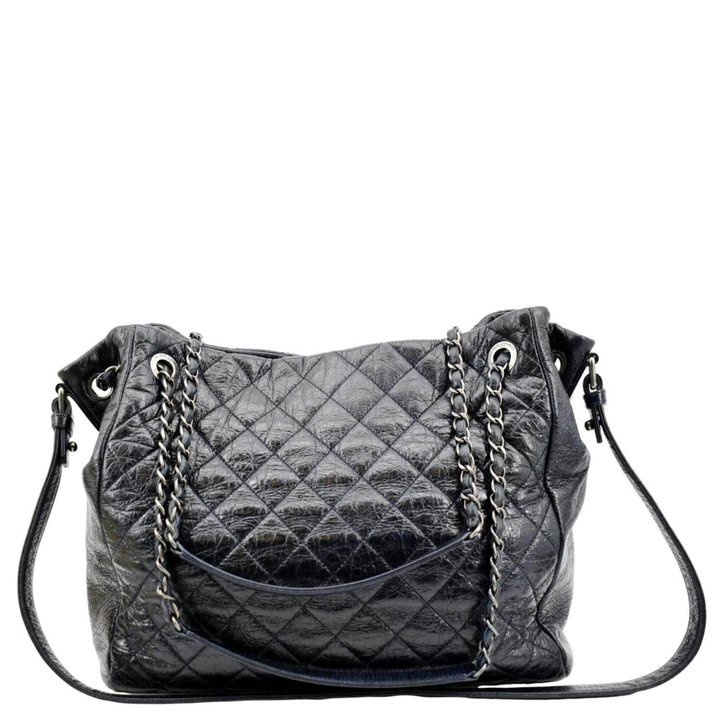 CHANEL Glazed Aged Calfskin Distressed Tote Shoulder Bag Blue