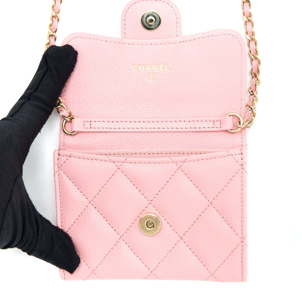 Chanel 22C Flap Card Holder with Chain Caviar Pink L