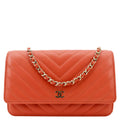 CHANEL CC WOC Chevron Leather Wallet On Chain Crossbody Bag Red