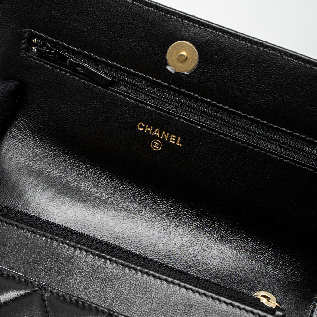 Chanel Detail Top Handle Wallet On Chain Lambskin Black Brushed  (Microchip)