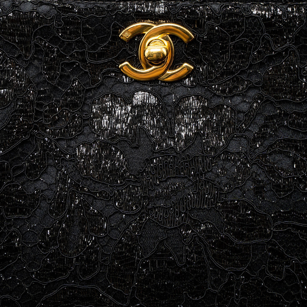 Chanel Vintage Double Sided Tumlock Handbag Laced Satin Black