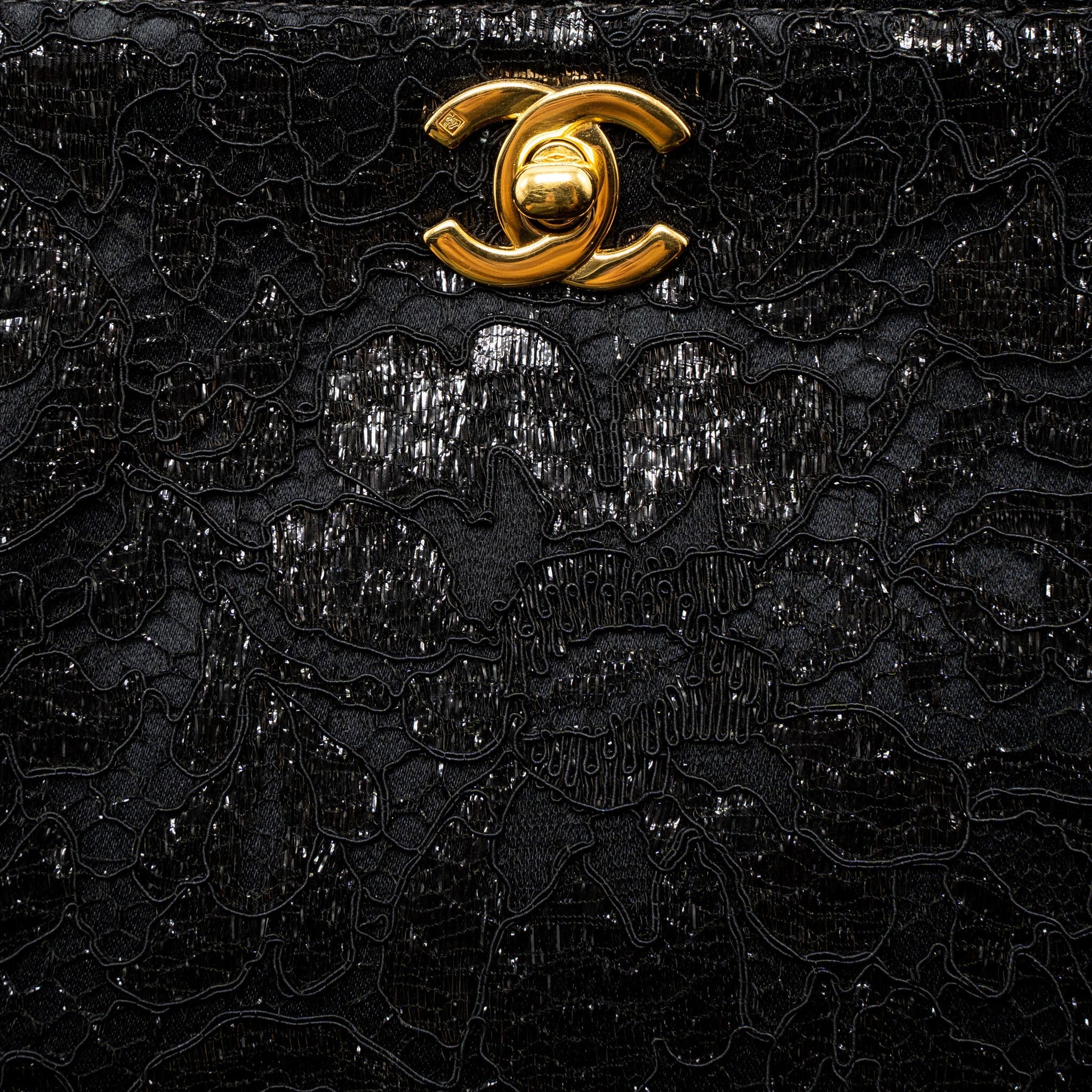 Chanel Vintage Double Sided Tumlock Handbag Laced Satin Black