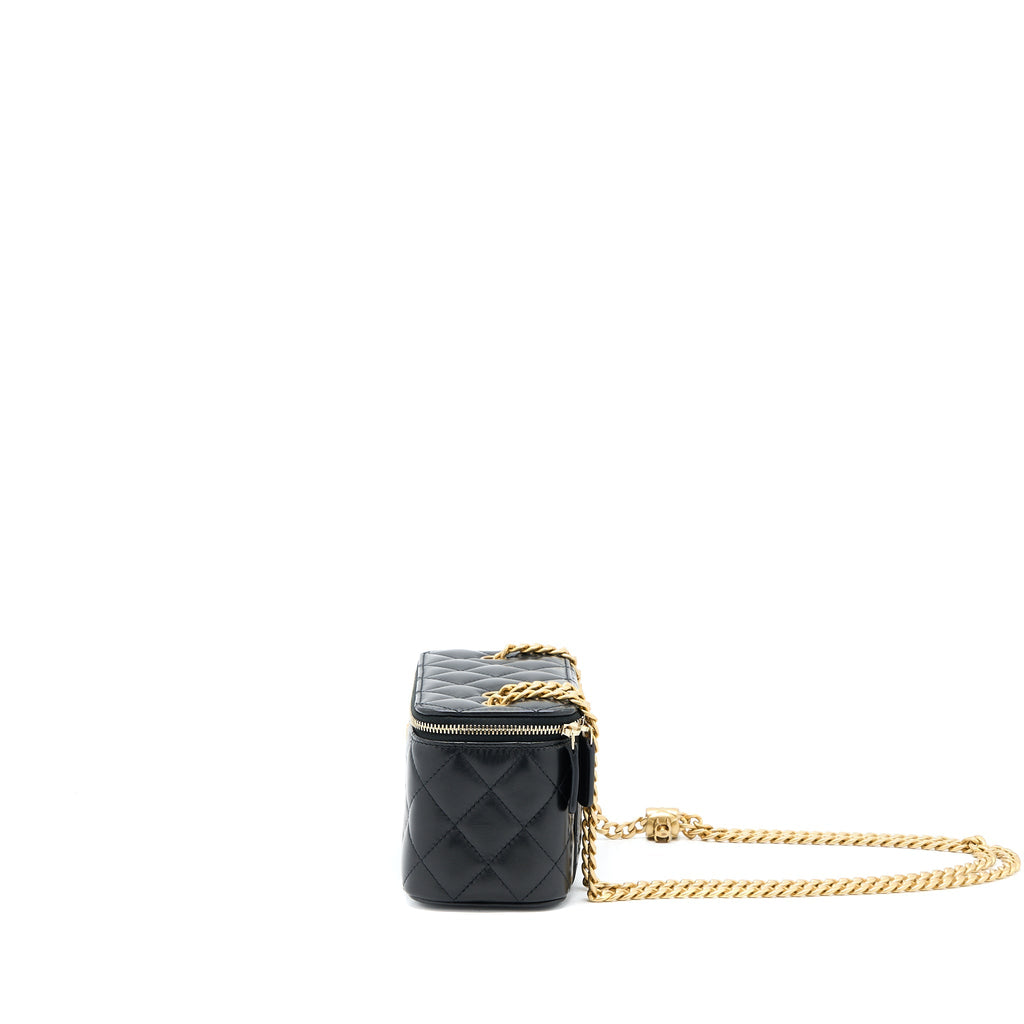 Chanel 22K Gold Pillar Adjustable Chain Long Vanity Lambskin Black  (Microchip)