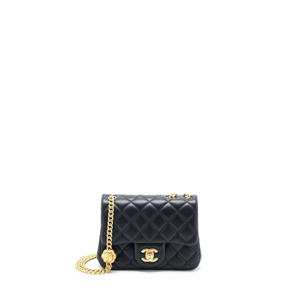 Chanel 23S Camellia Chain Mini Square Flap Bag Lambskin Black Brushed  (Microchip)