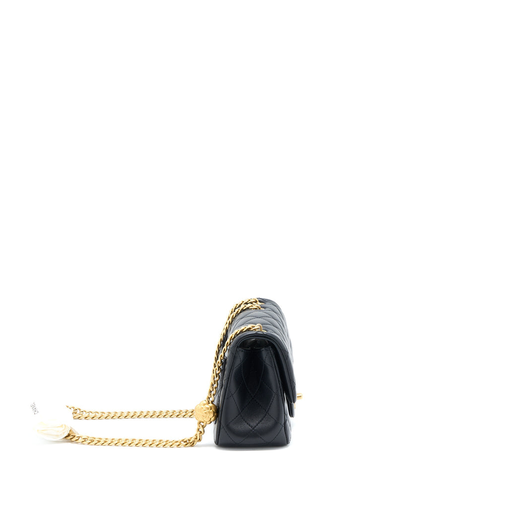 Chanel 23S Camellia Chain Mini Square Flap Bag Lambskin Black Brushed  (Microchip)