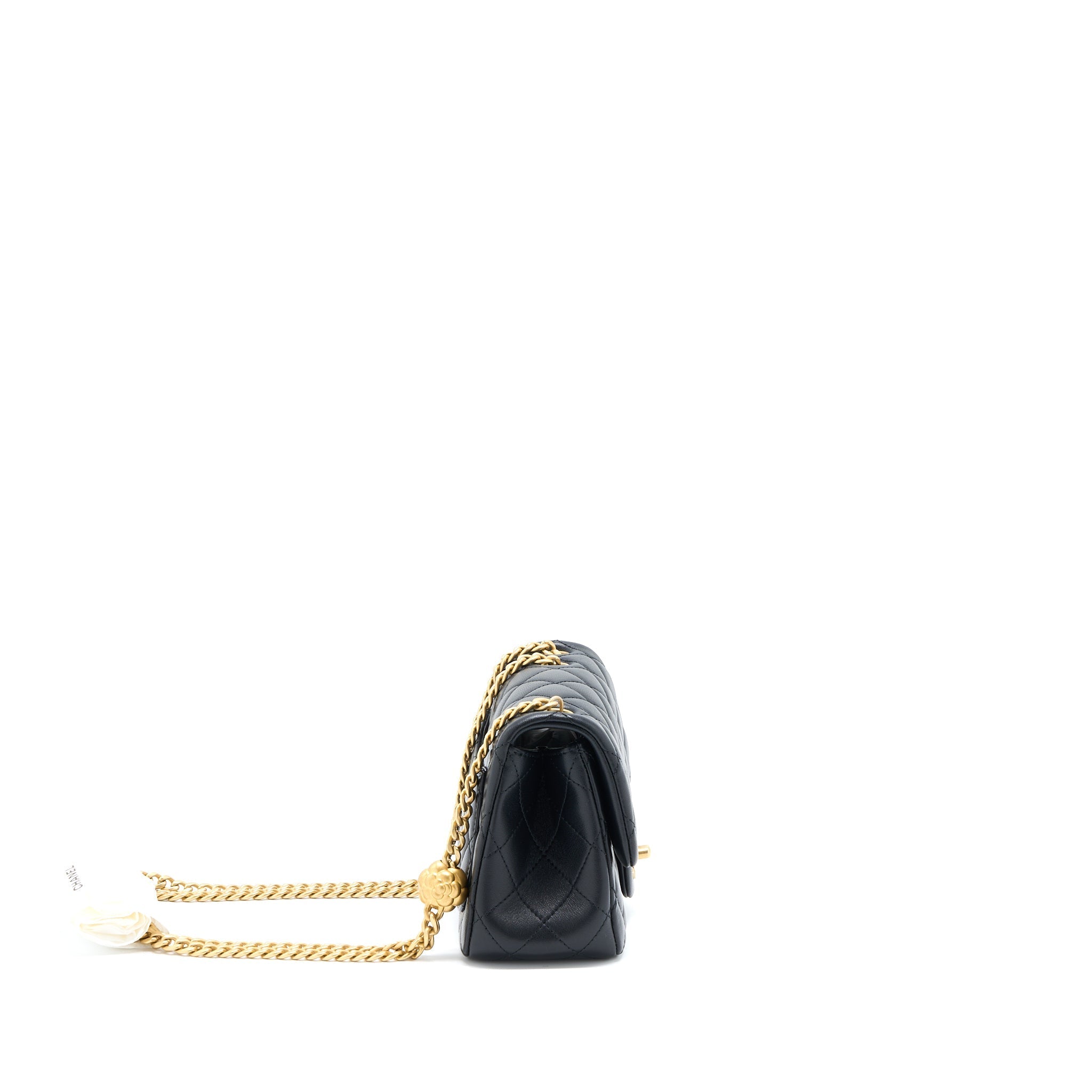 Chanel 23S Camellia Chain Mini Square Flap Bag Lambskin Black Brushed  (Microchip)