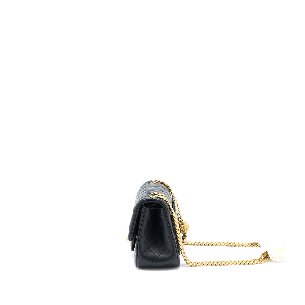 Chanel 23S Camellia Chain Mini Square Flap Bag Lambskin Black Brushed  (Microchip)