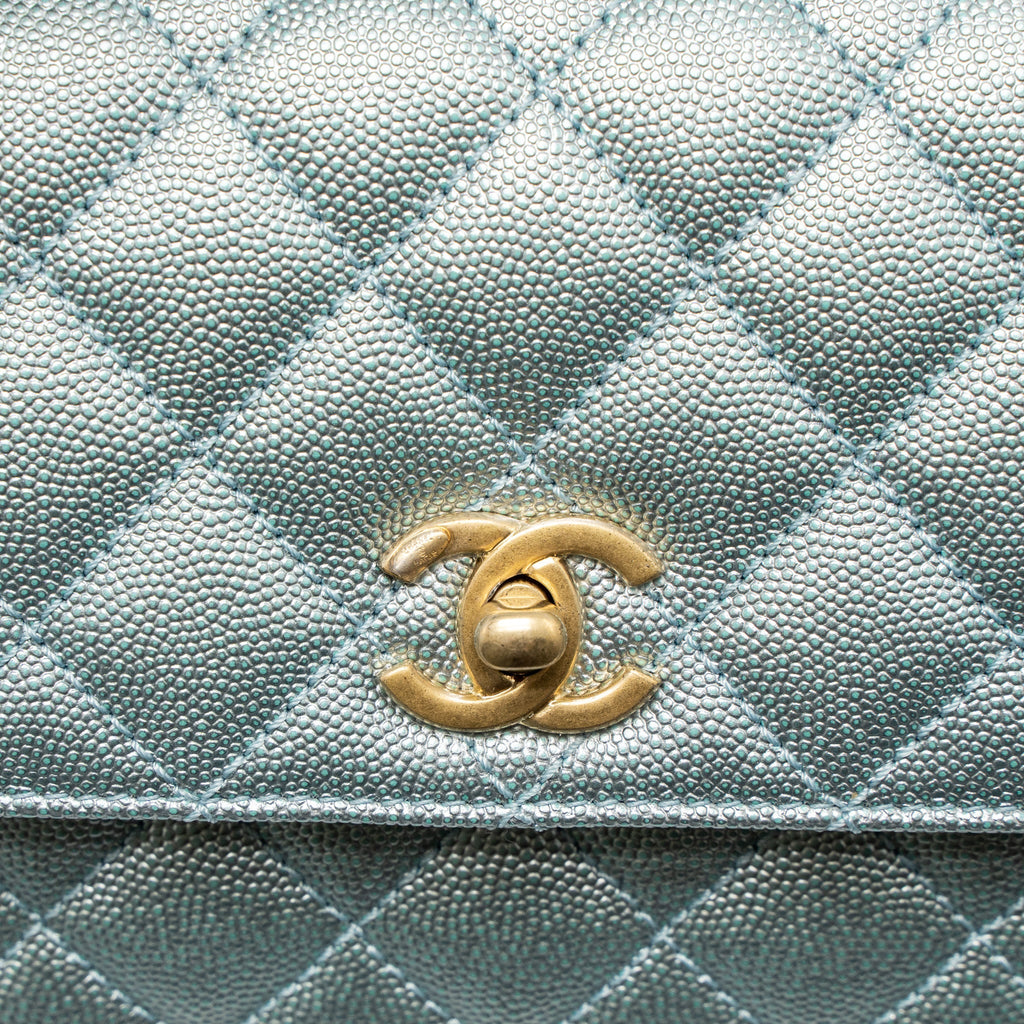 Chanel Small Coco Handle Caviar Metallic Light Blue Brushed  (Microchip)
