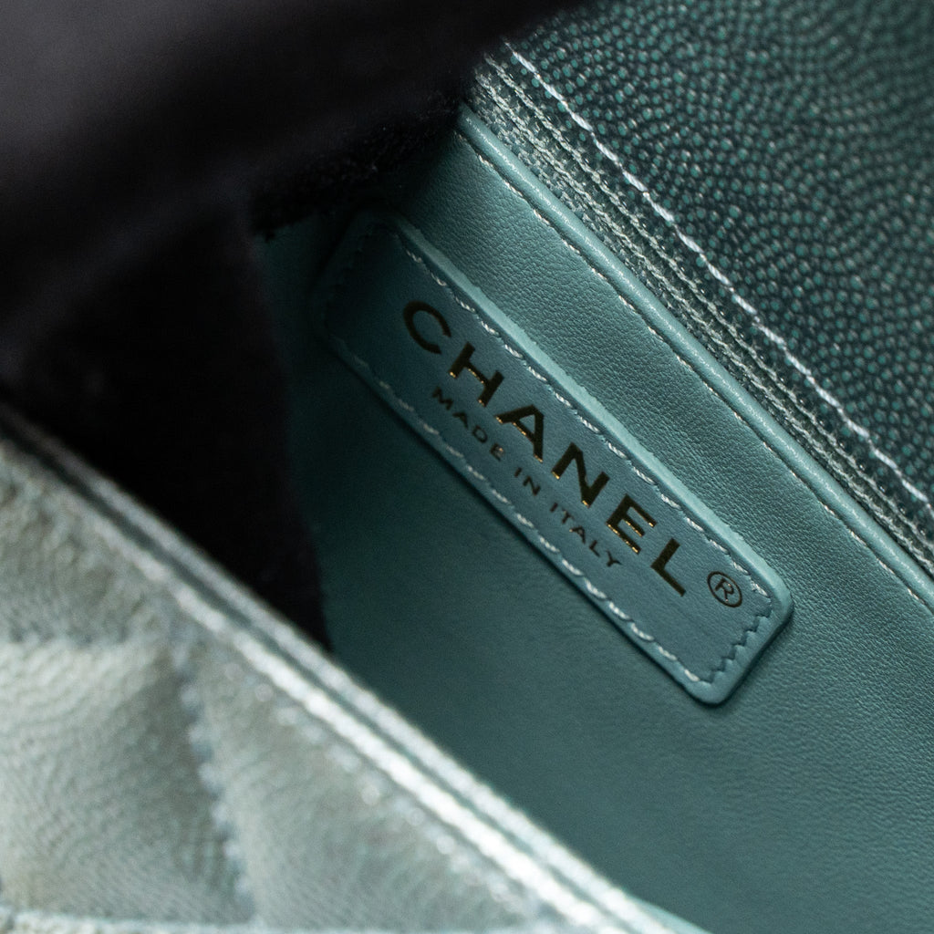 Chanel Small Coco Handle Caviar Metallic Light Blue Brushed  (Microchip)
