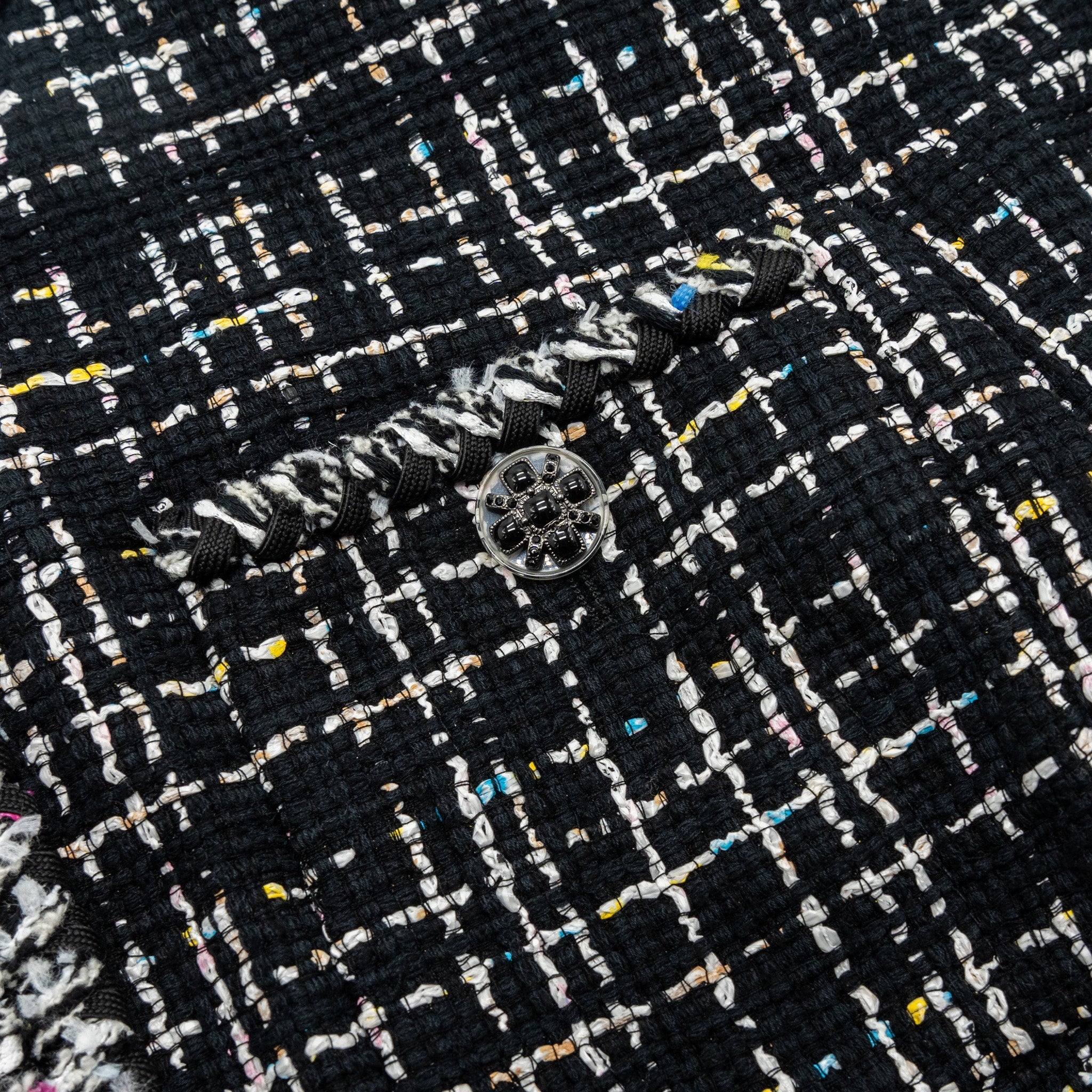Chanel Size 38 Short Sleeve Tweed Jacket Black/White/Pink/Yellow