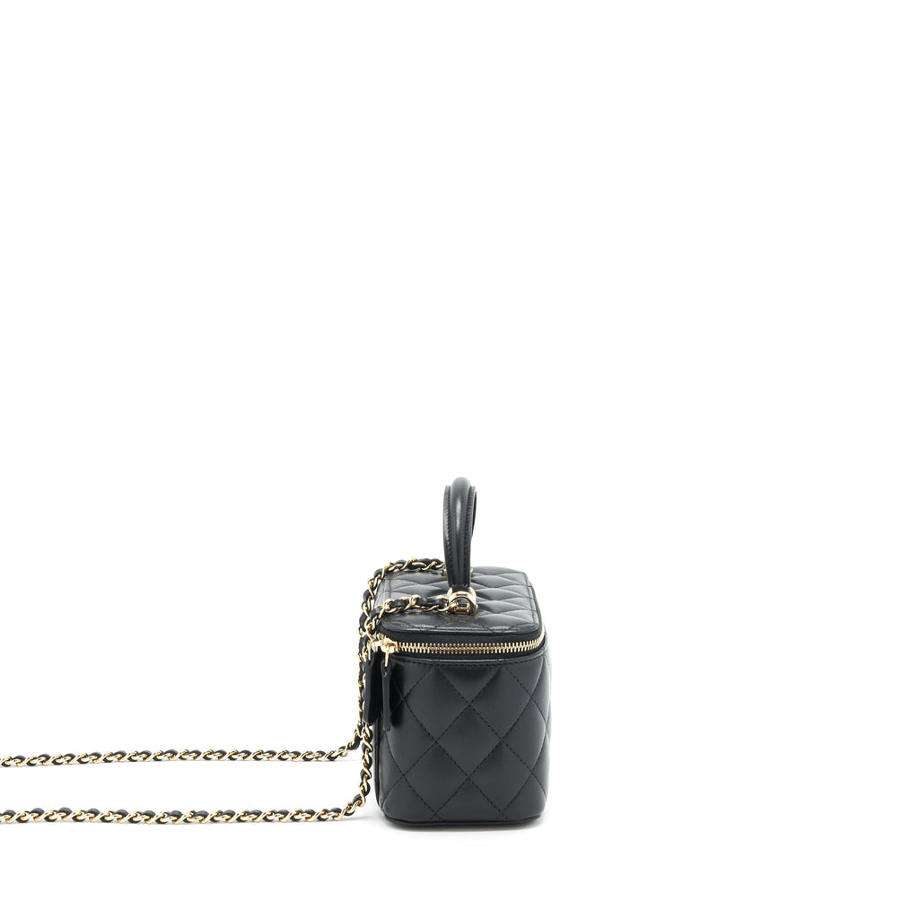 Chanel 22A Mini Top Handle Long Vanity With Chain Lambskin Black L (Microchip)