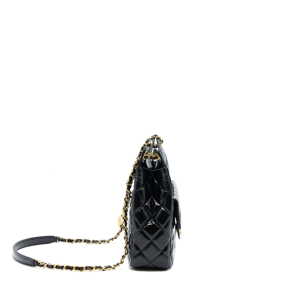 Chanel 23C Hobo Bag Shiny Calfskin Black Brushed (Microchip)