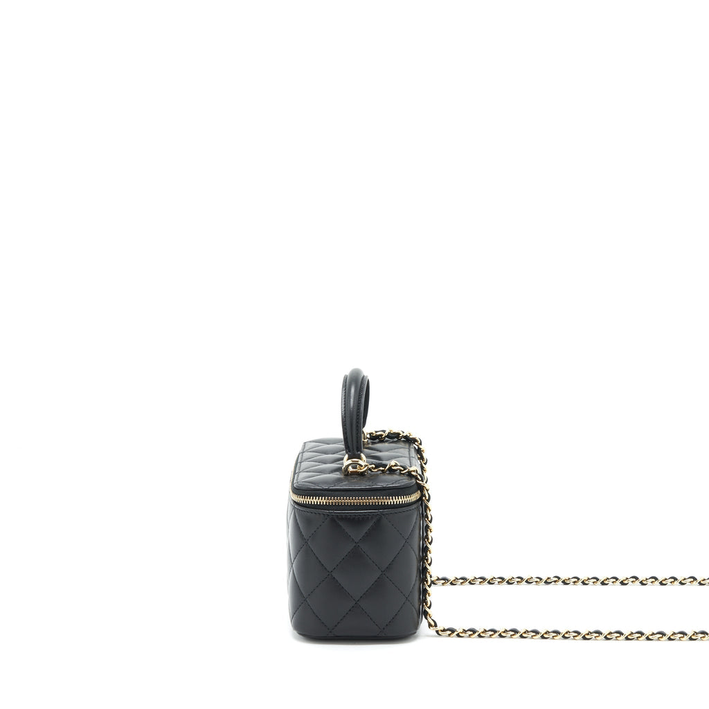 Chanel 22A Mini Top Handle Long Vanity With Chain Lambskin Black L (Microchip)