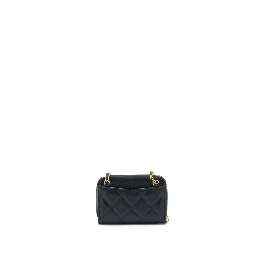 Chanel 22C Pearl Crush Card holder With Chain Lambskin Black