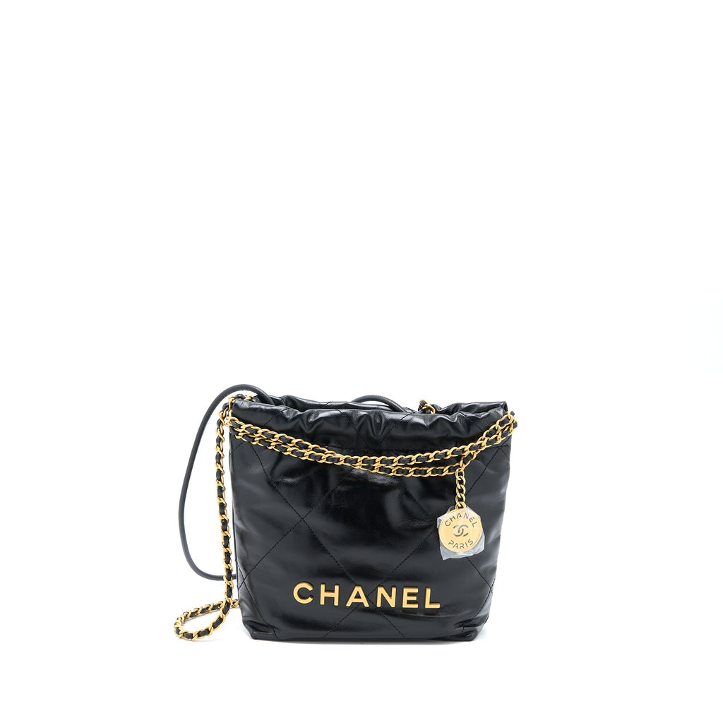 Chanel Mini 22 Bag Shiny Calfskin Black Brushed  (Microchip)