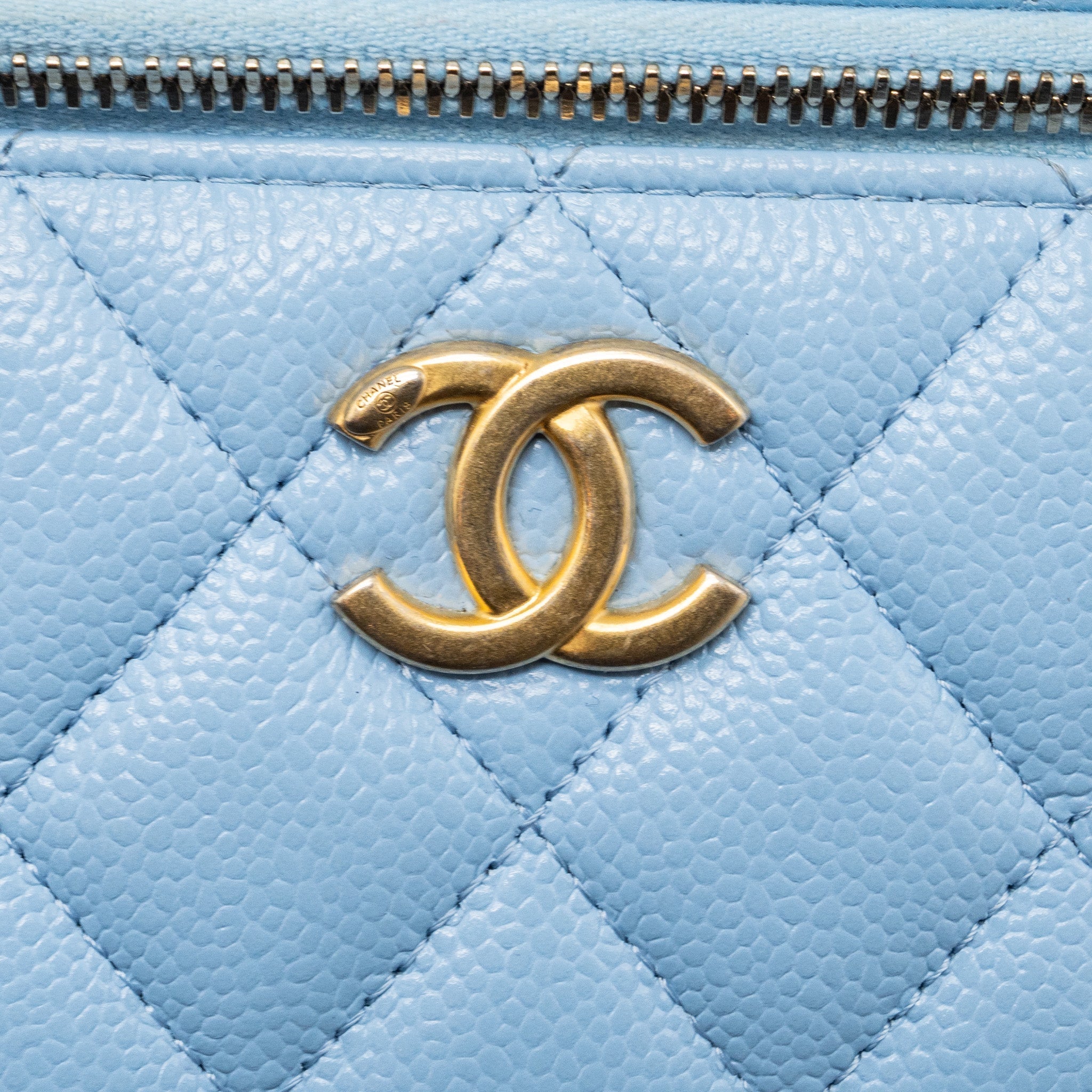 Chanel detailed top handle long vanity with chain caviar light blue