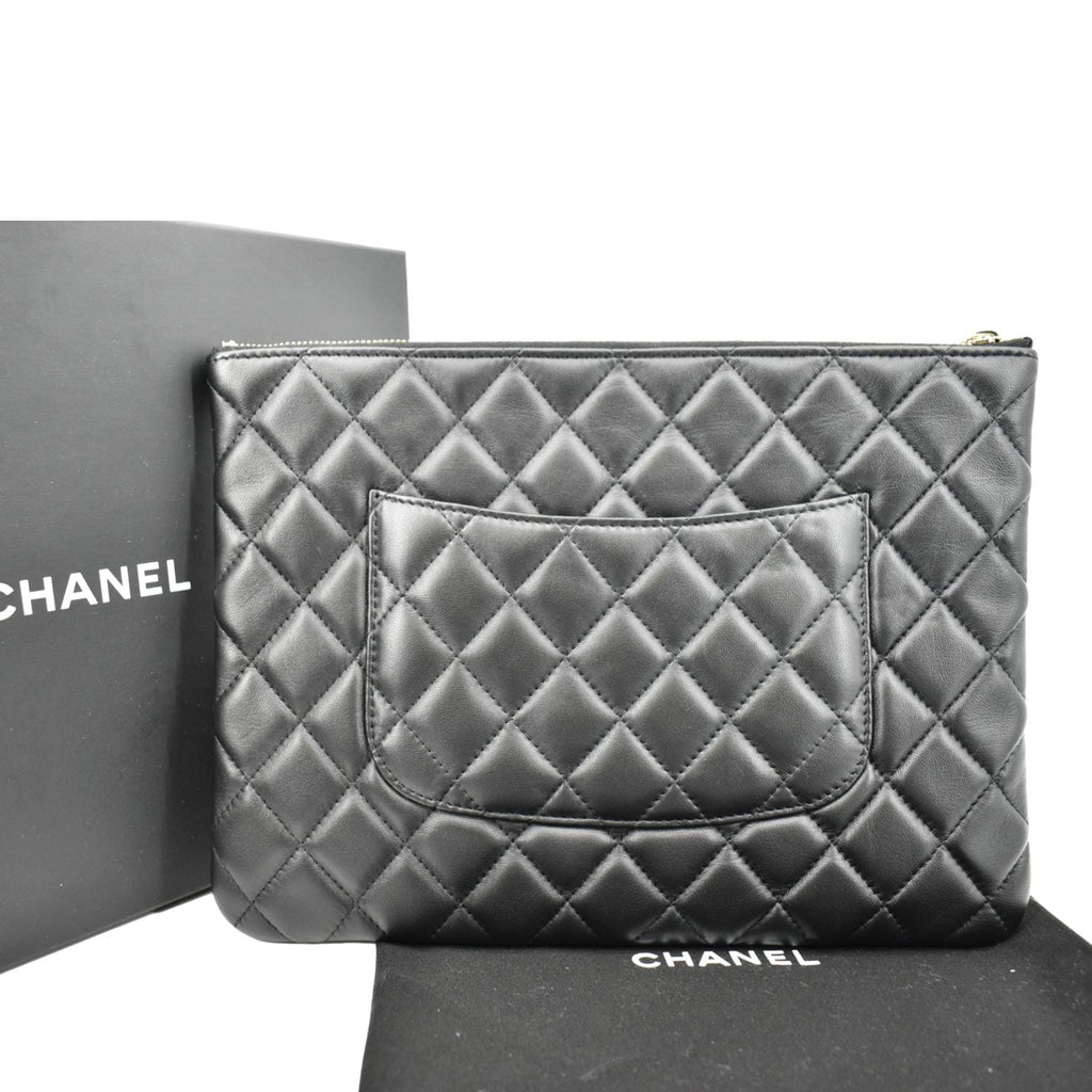 CHANEL O-Case Quilted Lambskin Leather Zip Pouch Black