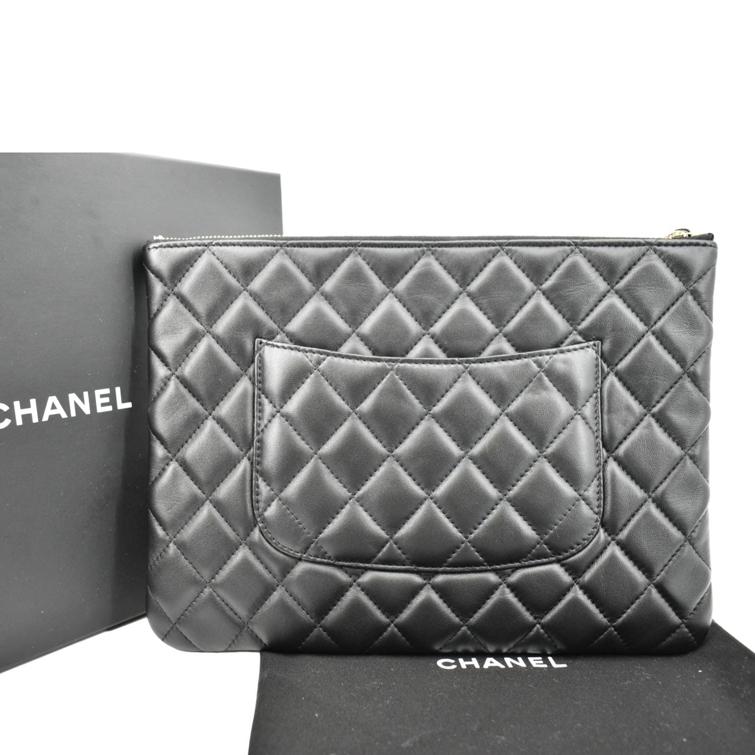 CHANEL O-Case Quilted Lambskin Leather Zip Pouch Black