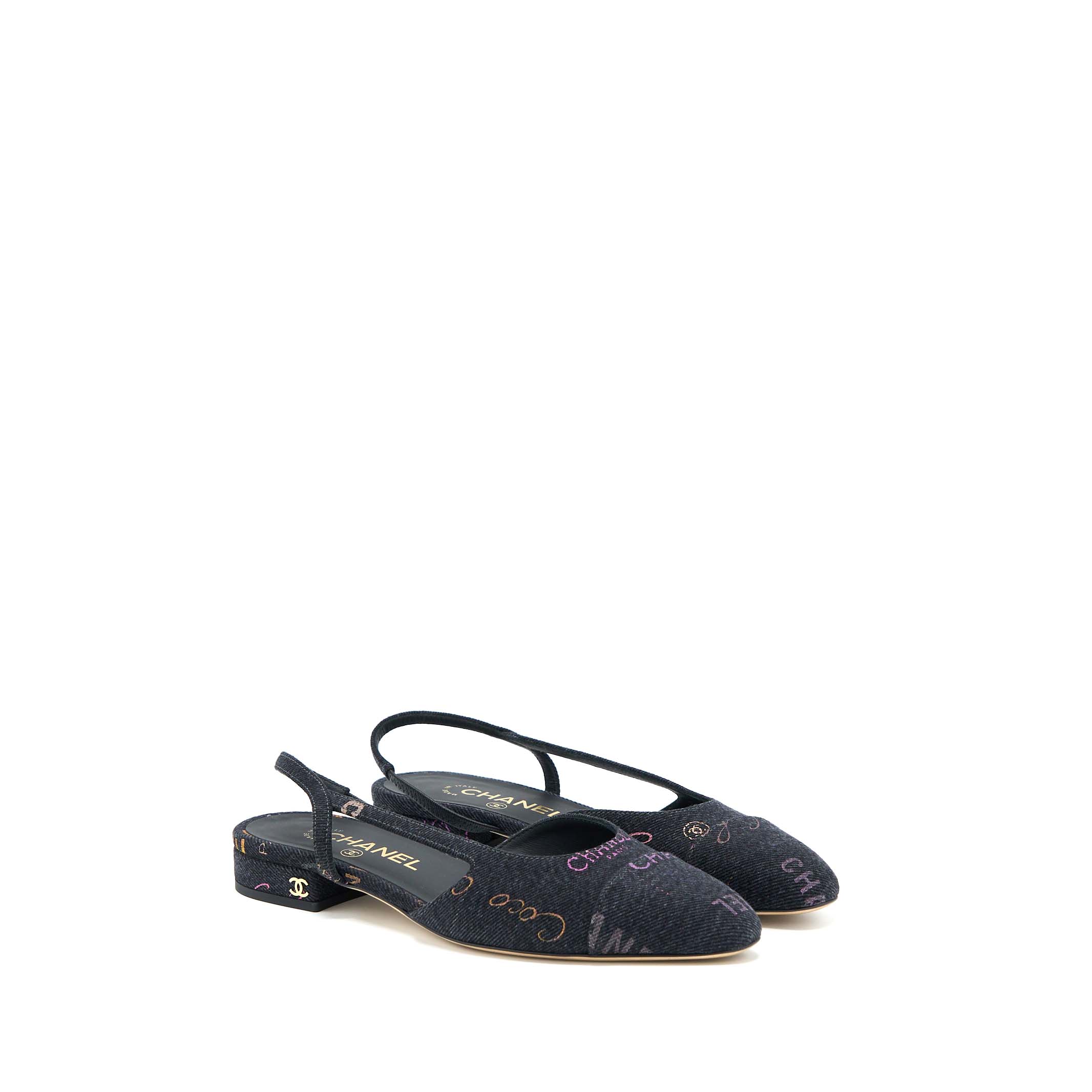 Chanel Size 36.5C Sling Back Flap Shoes Denim/ Leather Black