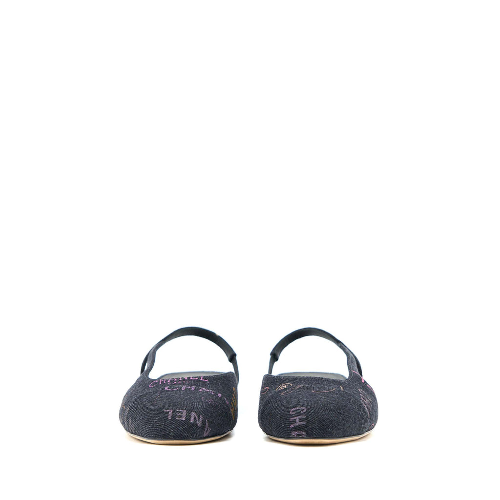 Chanel Size 36.5C Sling Back Flap Shoes Denim/ Leather Black