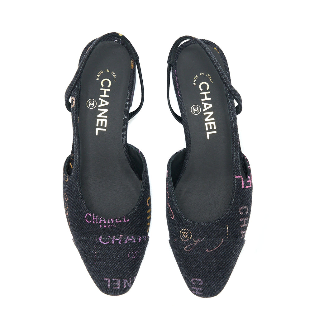 Chanel Size 36.5C Sling Back Flap Shoes Denim/ Leather Black