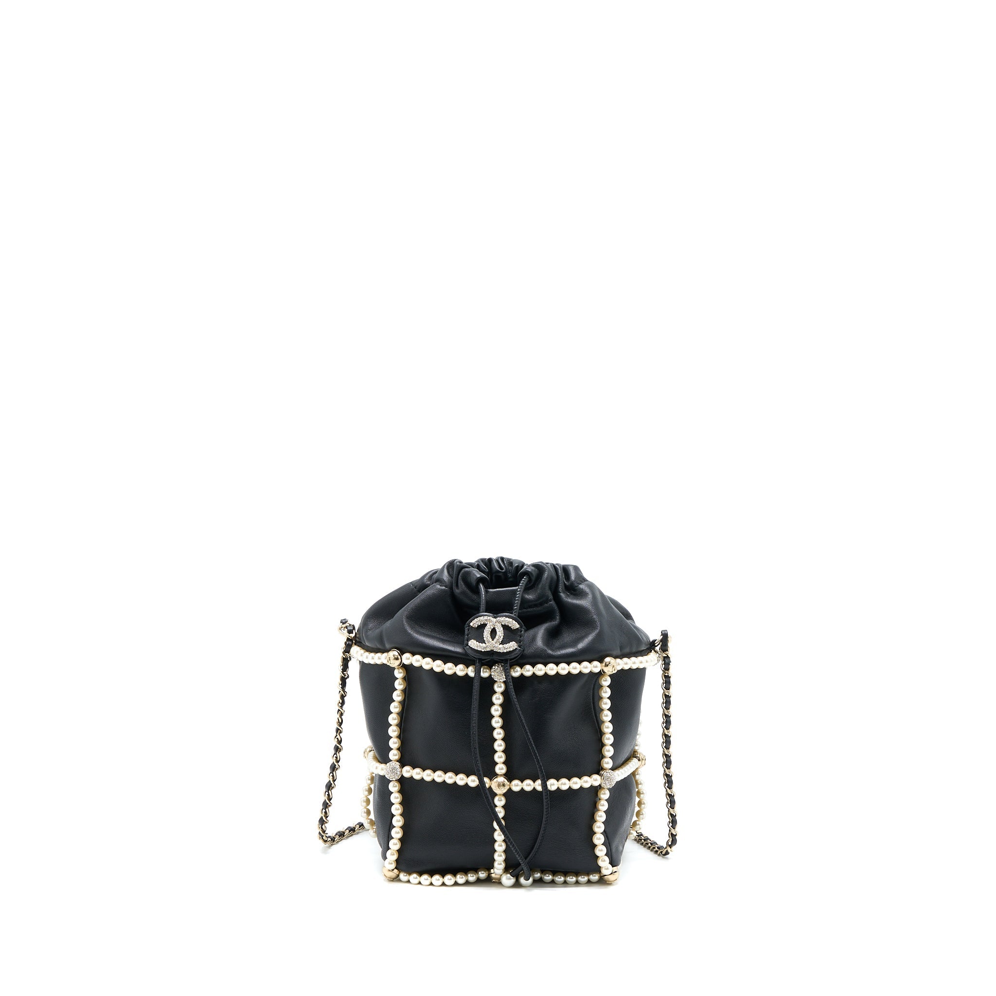 Chanel Bucket Crystal CC Logo Pearl Chain Bag Lambskin Black