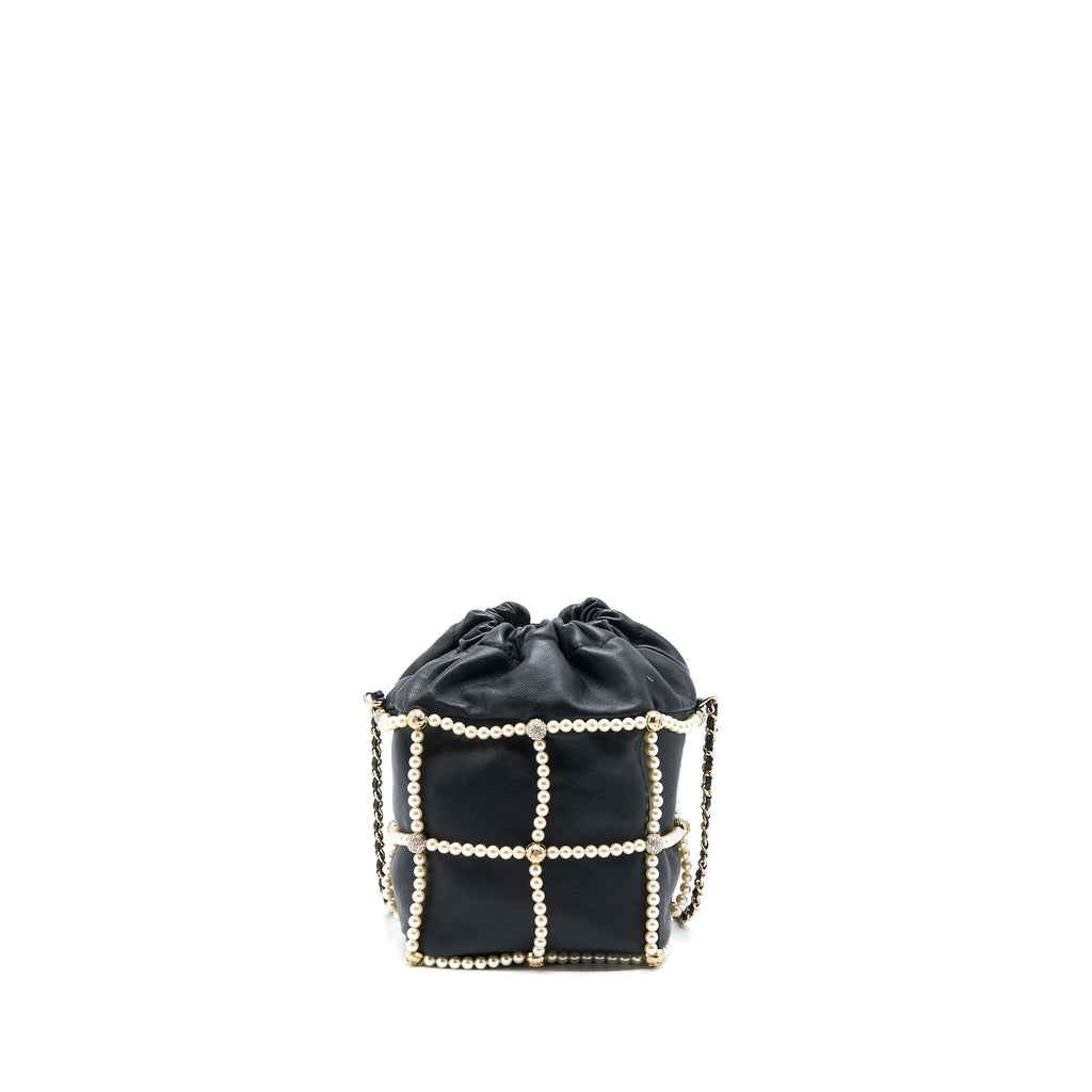 Chanel Bucket Crystal CC Logo Pearl Chain Bag Lambskin Black