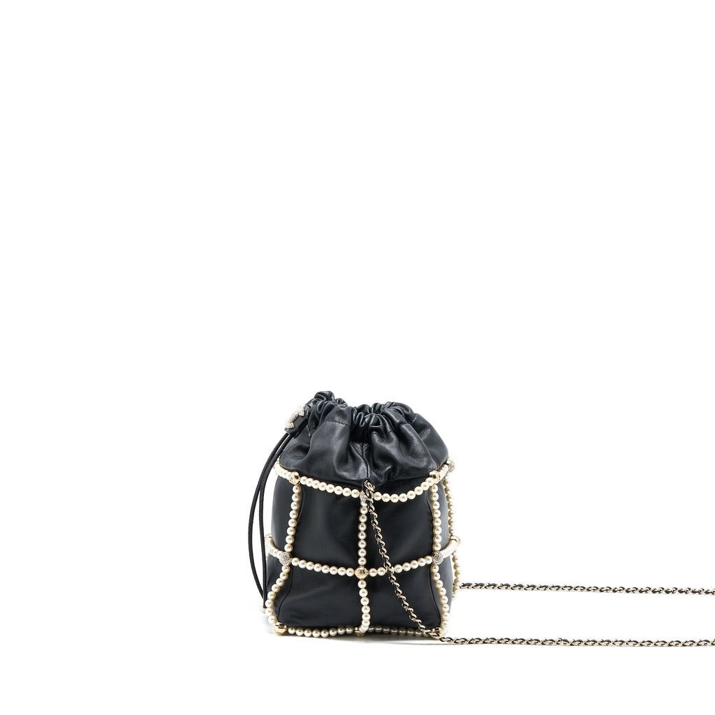 Chanel Bucket Crystal CC Logo Pearl Chain Bag Lambskin Black