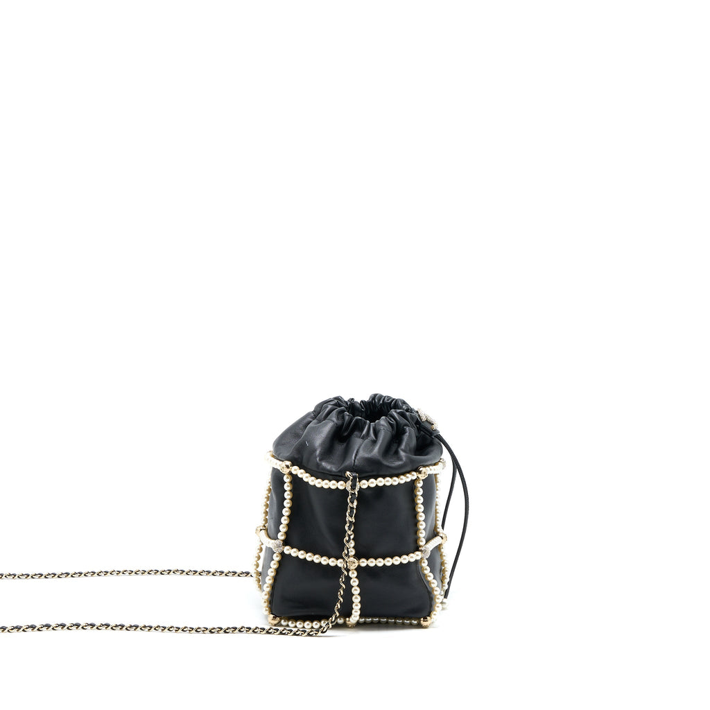 Chanel Bucket Crystal CC Logo Pearl Chain Bag Lambskin Black