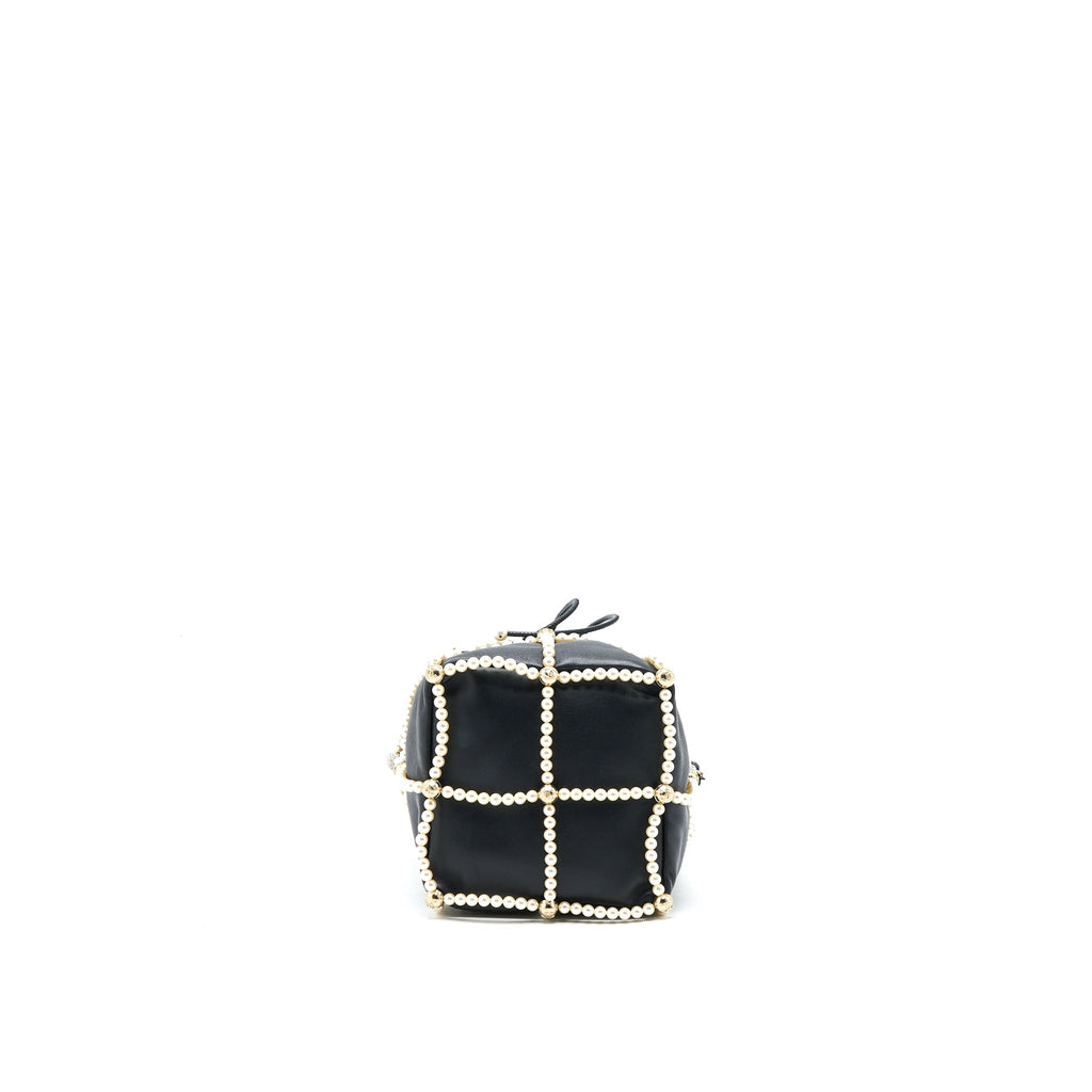 Chanel Bucket Crystal CC Logo Pearl Chain Bag Lambskin Black