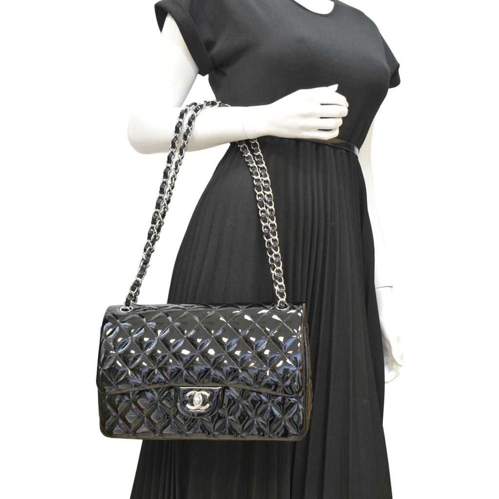 CHANEL Classic Medium Double Flap Patent Leather Shoulder Bag Black