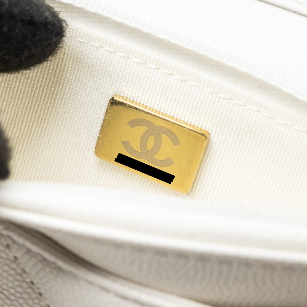 Chanel Detail Crystal CC Logo Wallet On Chain Caviar White L(Microchip)
