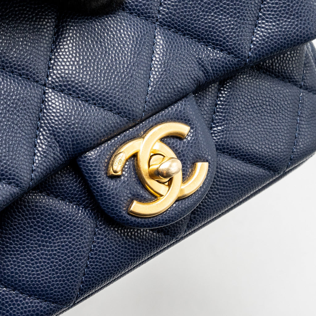 Chanel 22A Button On Chain Mini Square Flap Bag Caviar Navy  (Microchip)