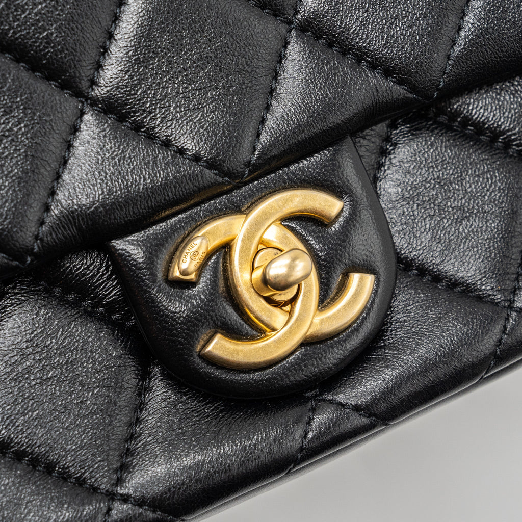 Chanel seasonal mini square flap bag with detailed chain strap calfskin black  (Microchip)